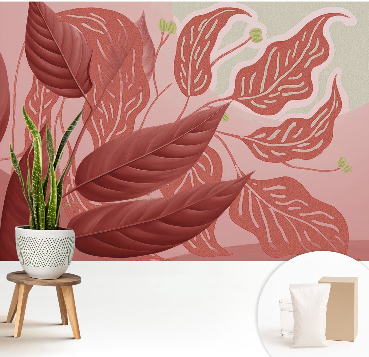 Wallfluent Fotobehang - Rood Vliesbehang - 208x146 cm - Biologische Bladeren Fotobehang Vlies - Hal behang Bloemen En Planten - Muurschildering - Woonkamer behang