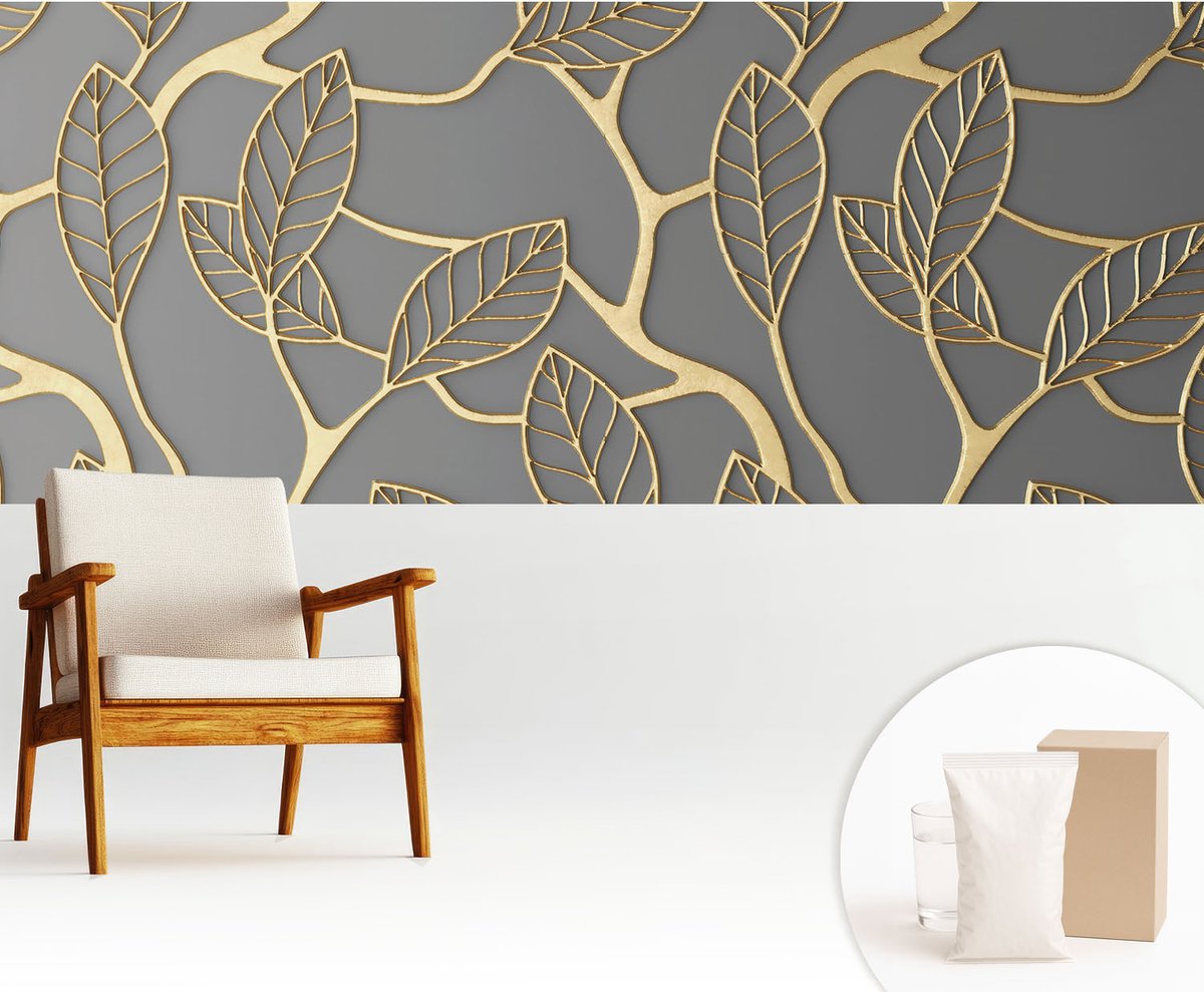 Wallfluent Fotobehang - Grijs Vliesbehang - 250x104 cm - Elegante Bladeren Muurschildering - Slaapkamer behang Bloemen En Planten - Fotobehang Vlies - Slaapkamer behang