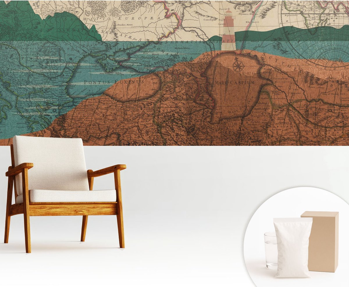 Wallfluent Fotobehang - Bruin Vliesbehang - 250x104 cm - Historische Kaart Muurschildering - Slaapkamer behang Kaarten - Fotobehang Vlies - Gang behang