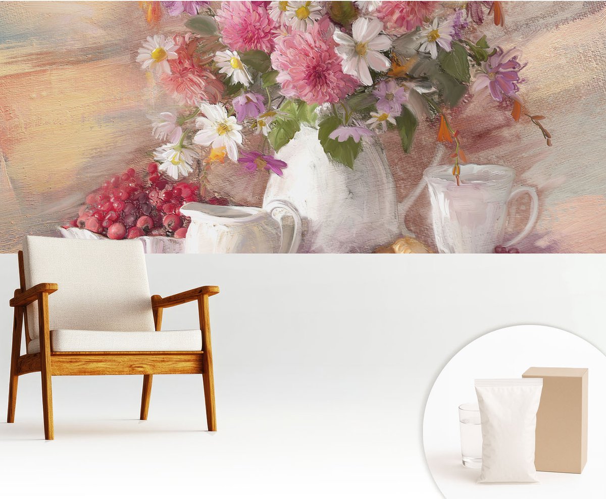 Wallfluent Fotobehang - Roze Vliesbehang - 250x104 cm - Wilde Bloemen Fotobehang Vlies - Hal behang Bloemen En Planten - Muurschildering - Woonkamer behang