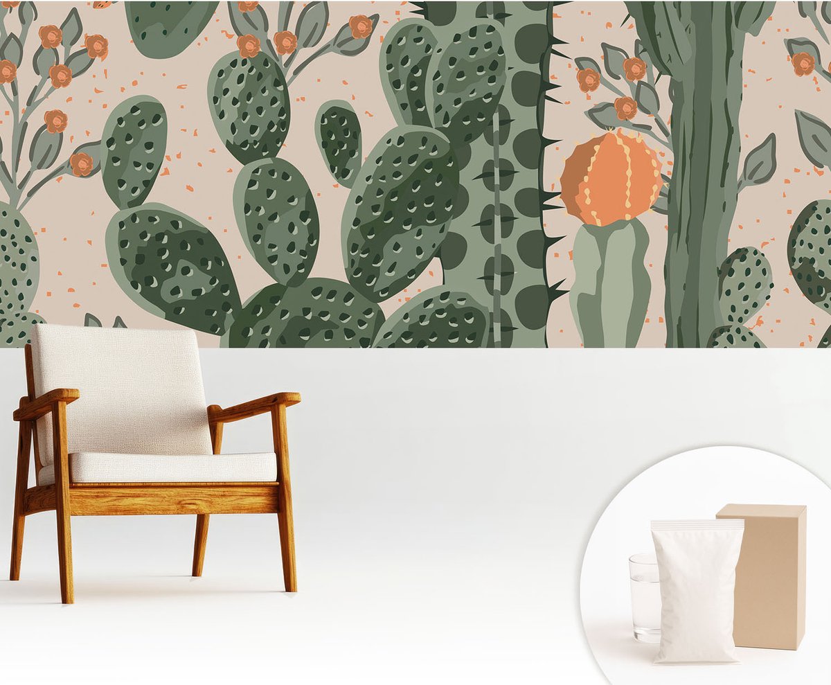 Wallfluent Fotobehang - Groente Vliesbehang - 250x104 cm - Groene Cactussen Fotobehang Vlies - Hal behang Bloemen En Planten - Muurschildering - Woonkamer behang