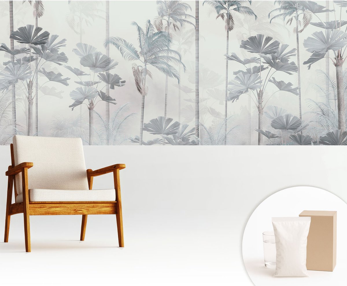 Wallfluent Fotobehang - Wit Vliesbehang - 250x104 cm - Tropisch Landschap Fotobehang Vlies - Hal behang Bloemen En Planten - Muurschildering - Hal behang