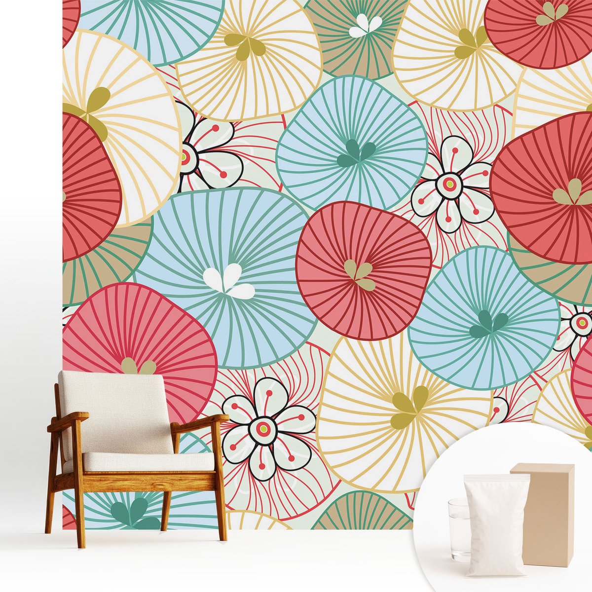 Wallfluent Fotobehang - Rood Vliesbehang - 250x250 cm - Bloemenpatroon Muurschildering - Slaapkamer behang Achtergronden En Patronen - Fotobehang Vlies - Slaapkamer behang