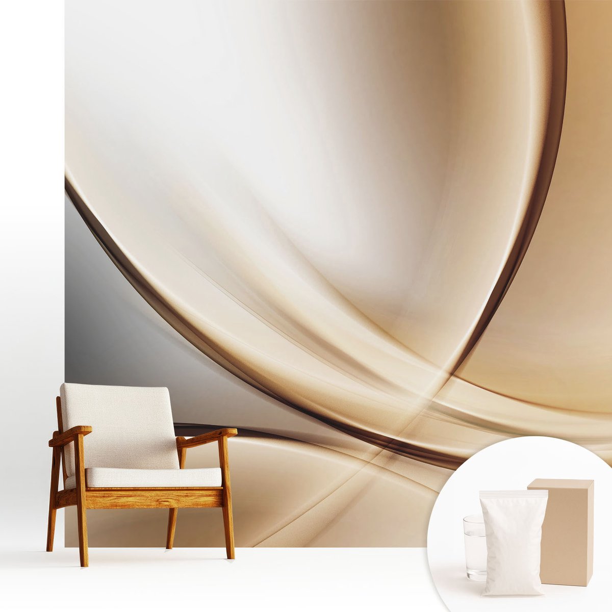 Wallfluent Fotobehang - Beige Vliesbehang - 250x250 cm - Afgeronde Lijnen Fotobehang Vlies - Hal behang Abstractie - Muurschildering - Woonkamer behang