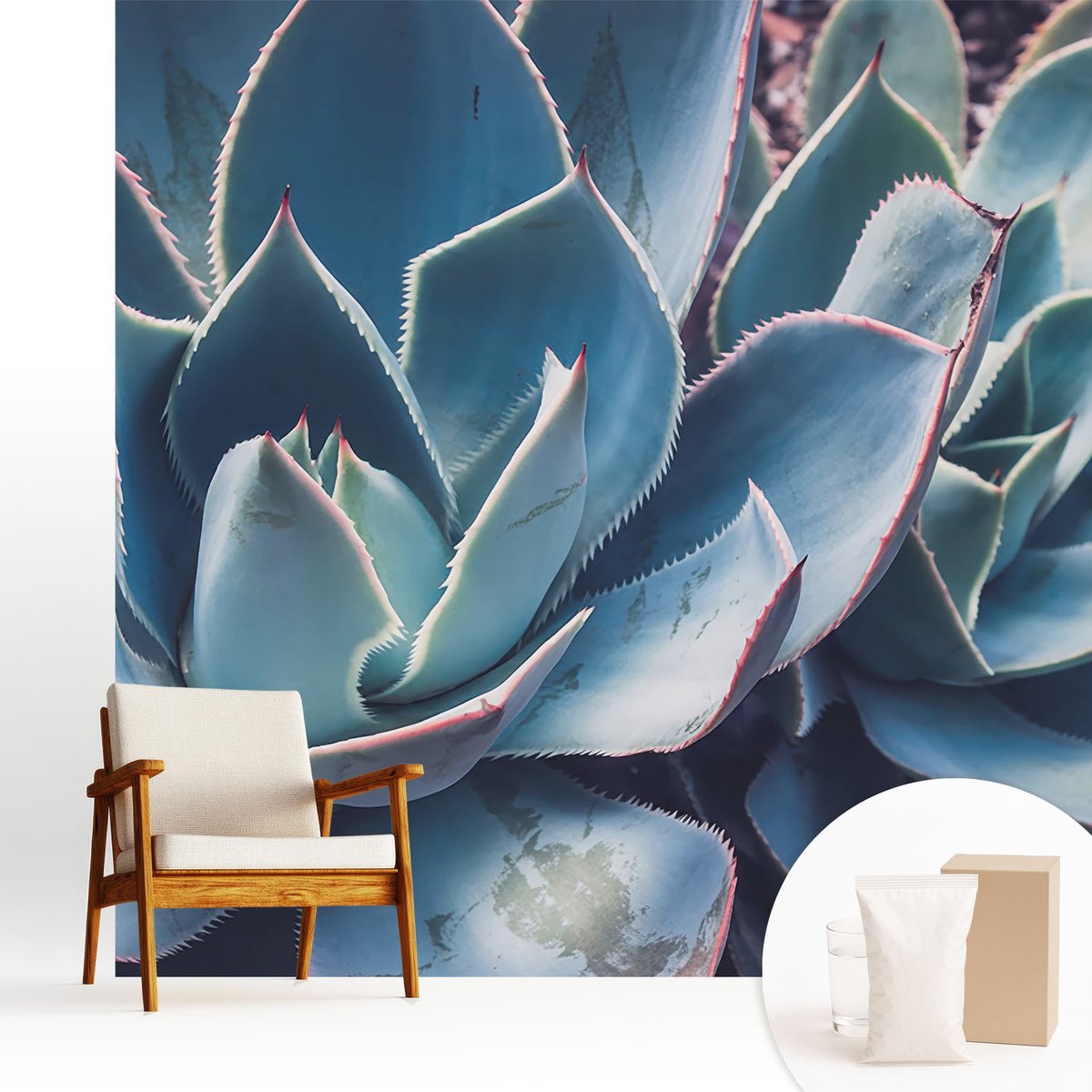 Wallfluent Fotobehang - Blauw Vliesbehang - 250x250 cm - Groene Aloë Muurschildering - Gang behang Bloemen En Planten - Fotobehang Vlies - Slaapkamer behang