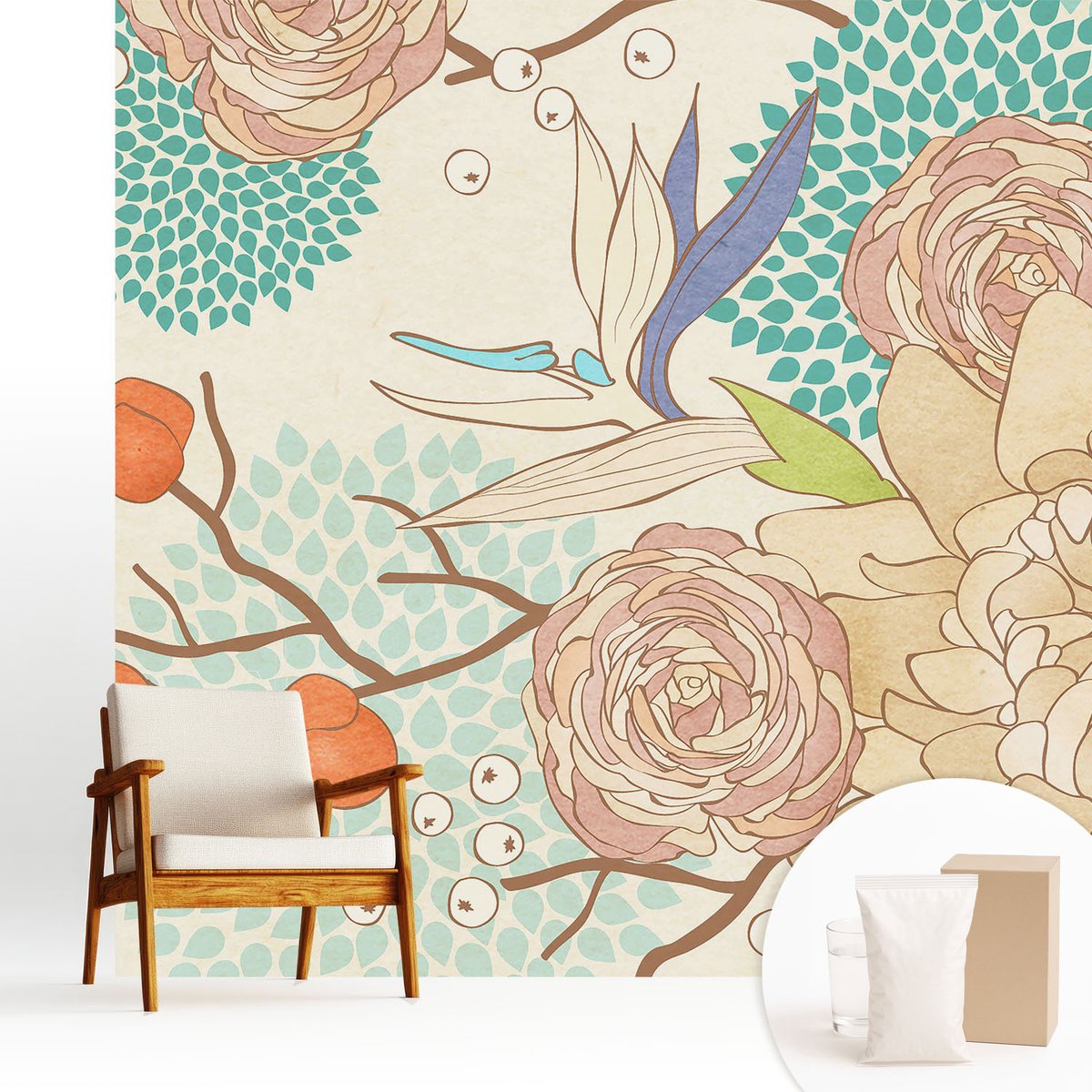 Wallfluent Fotobehang - Wit Vliesbehang - 250x250 cm - Bloemenfantasie Fotobehang Vlies - Woonkamer behang Bloemen En Planten - Muurschildering - Woonkamer behang