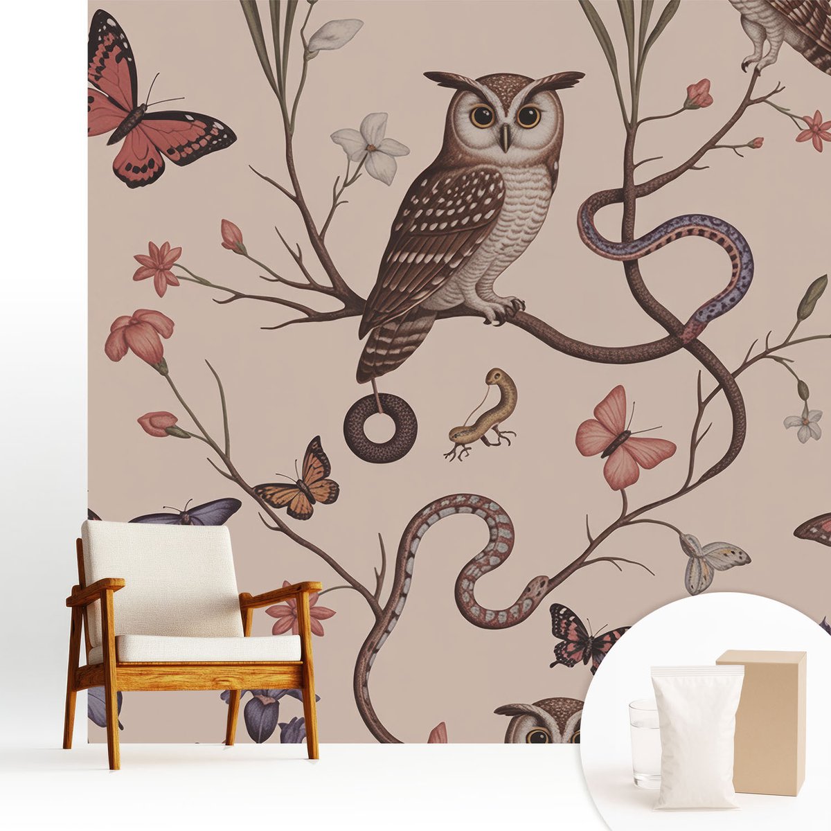 Wallfluent Fotobehang - Beige Vliesbehang - 250x250 cm - Uil Natuur Fotobehang Vlies - Woonkamer behang Bloemen En Planten - Muurschildering - Woonkamer behang