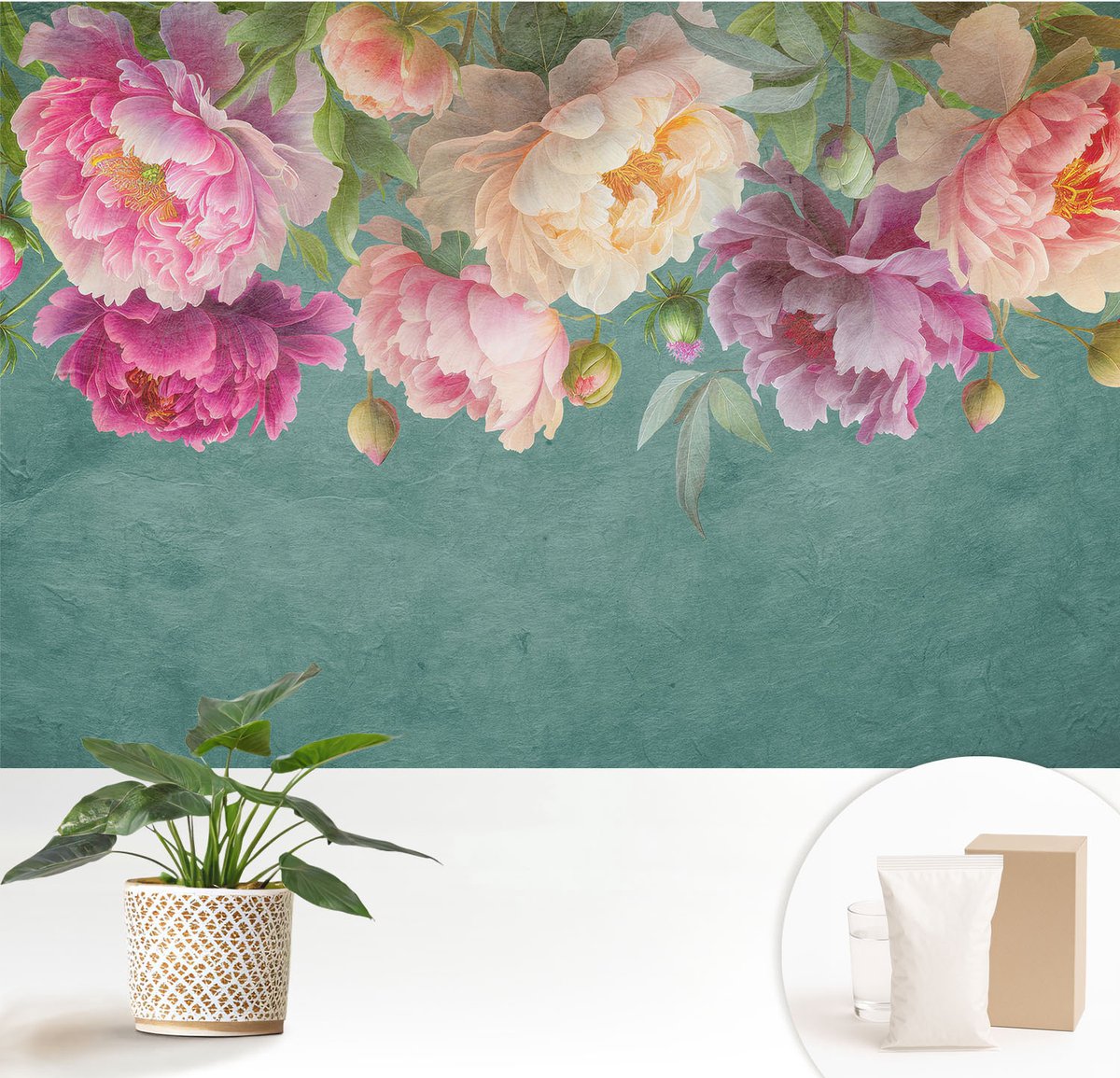 Wallfluent Fotobehang - Groente Vliesbehang - 152x104 cm - Bloemige Elegantie Muurschildering - Gang behang Bloemen En Planten - Fotobehang Vlies - Slaapkamer behang