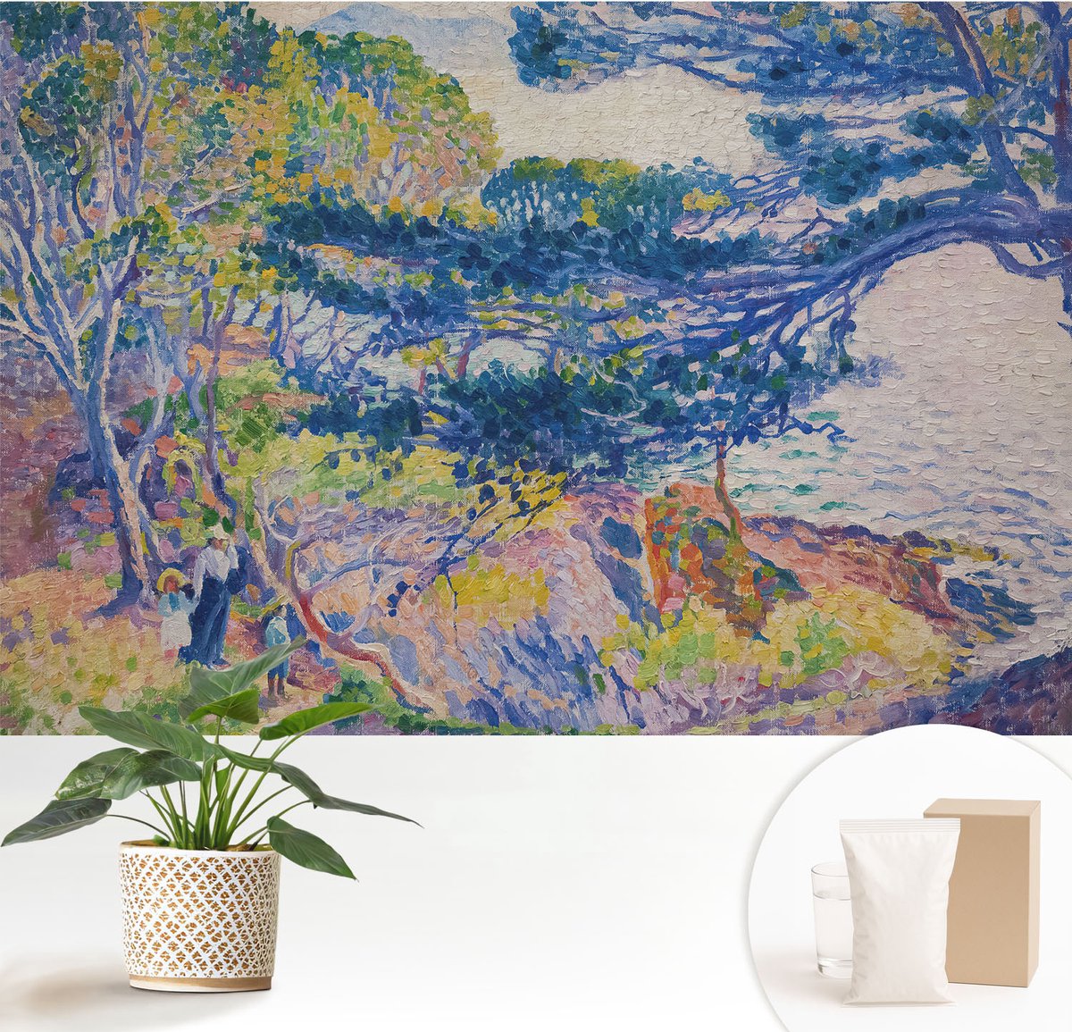 Wallfluent Fotobehang - Blauw Vliesbehang - 152x104 cm - Impressionistisch Landschap Fotobehang Vlies - Woonkamer behang Landschappen - Muurschildering - Woonkamer behang