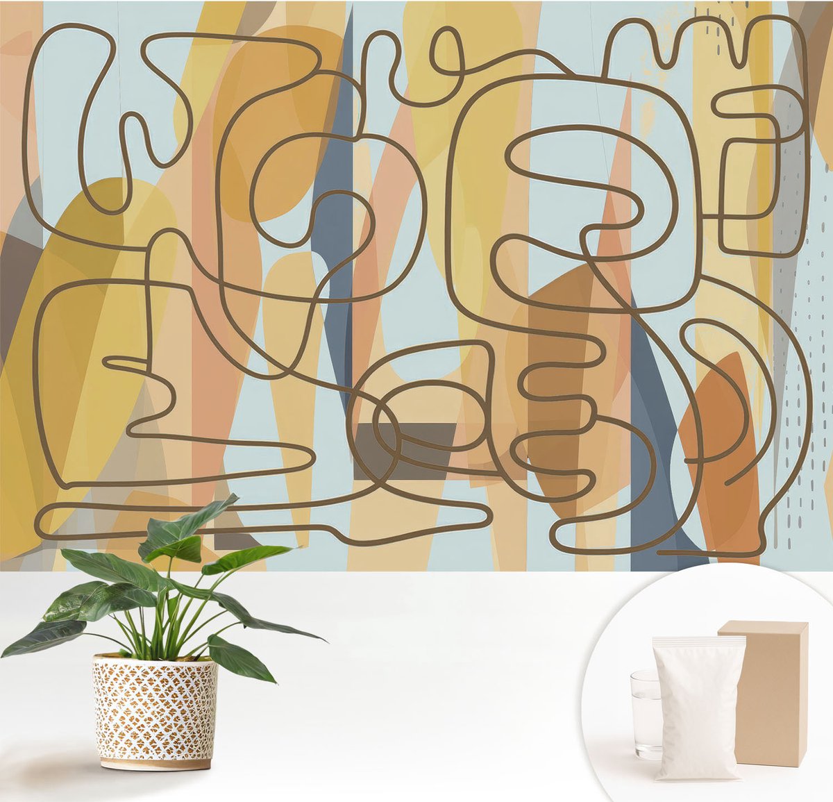 Wallfluent Fotobehang - Geel Vliesbehang - 152x104 cm - Abstracte Vormen Muurschildering - Gang behang Abstractie - Fotobehang Vlies - Slaapkamer behang
