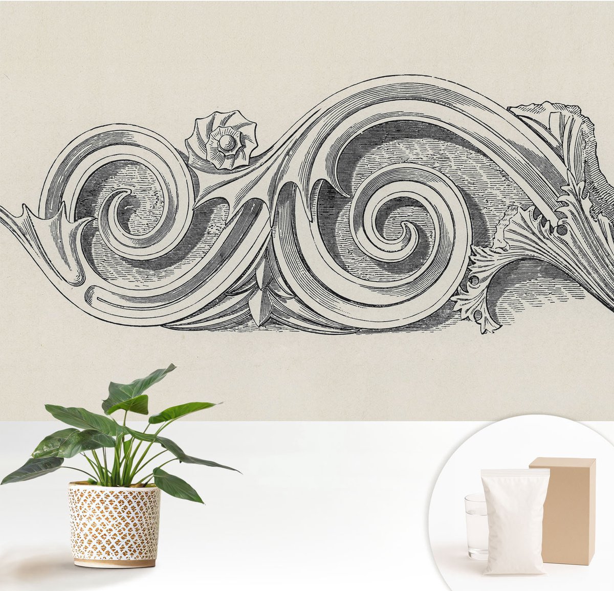 Wallfluent Fotobehang - Zwart-Wit Vliesbehang - 152x104 cm - Plantenornament Muurschildering - Slaapkamer behang Deel - Fotobehang Vlies - Slaapkamer behang