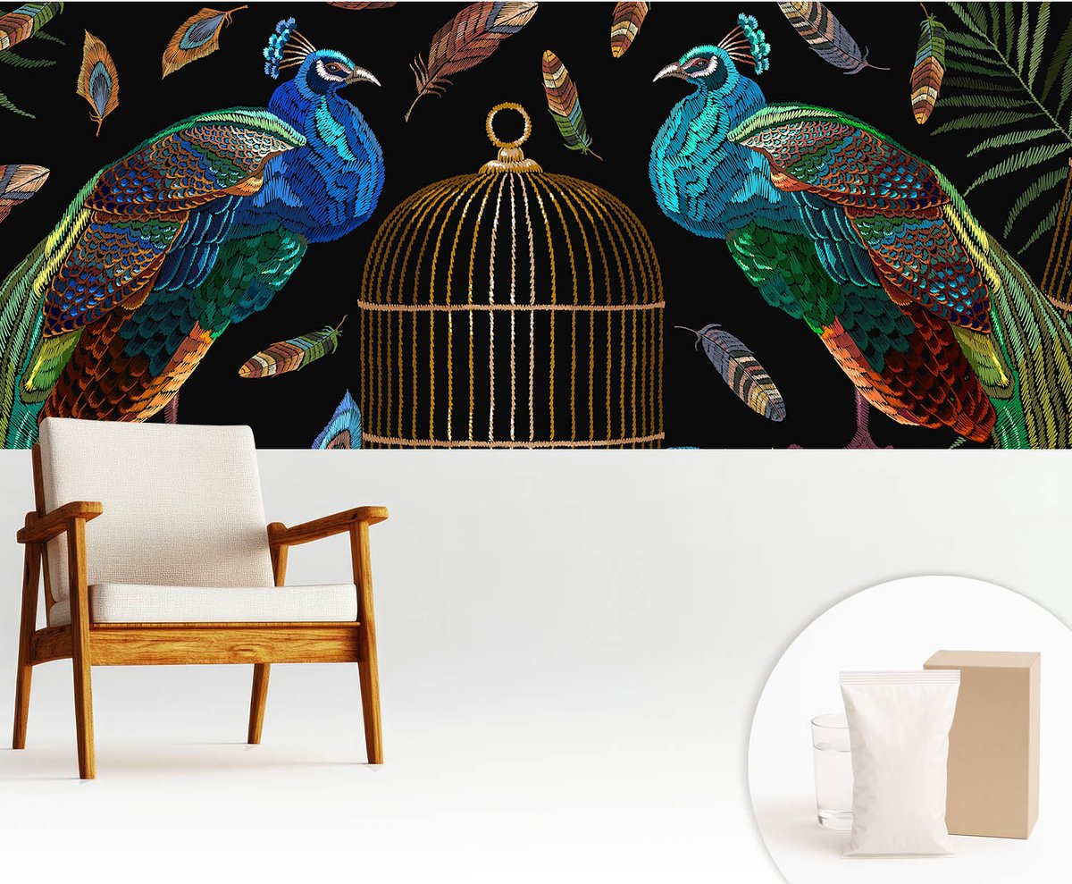 Wallfluent Fotobehang - Zwart Vliesbehang - 250x104 cm - Afbeelding Van Een Pauw Fotobehang Vlies - Hal behang Dieren - Muurschildering - Woonkamer behang