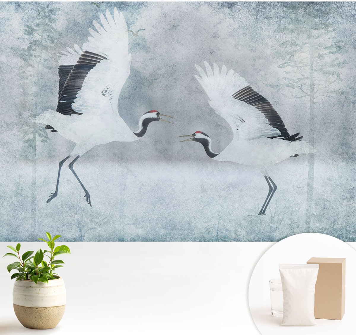 Wallfluent Fotobehang - Wit Vliesbehang - 104x70 cm - Harmonieuze Kraanvogels Fotobehang Vlies - Woonkamer behang Dieren - Muurschildering - Woonkamer behang
