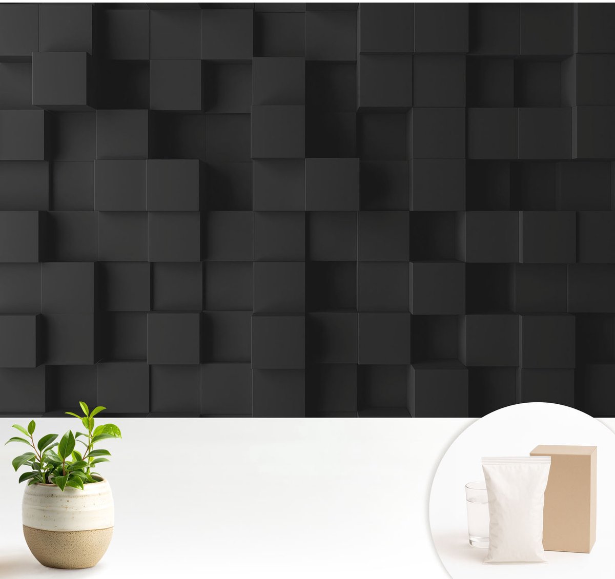 Wallfluent Fotobehang - Zwart Vliesbehang - 104x70 cm - Driedimensionale Kubussen Fotobehang Vlies - Hal behang Achtergronden En Patronen - Muurschildering - Woonkamer behang
