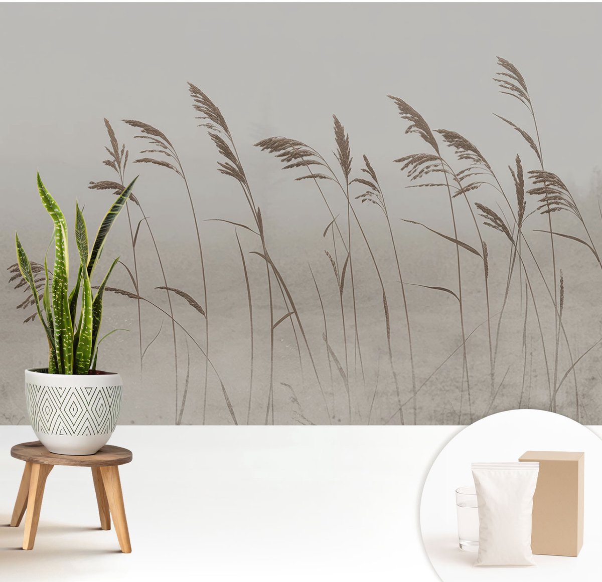 Wallfluent Fotobehang - Grijs Vliesbehang - 208x146 cm - Grassen In De Mist Fotobehang Vlies - Woonkamer behang Bloemen En Planten - Muurschildering - Woonkamer behang