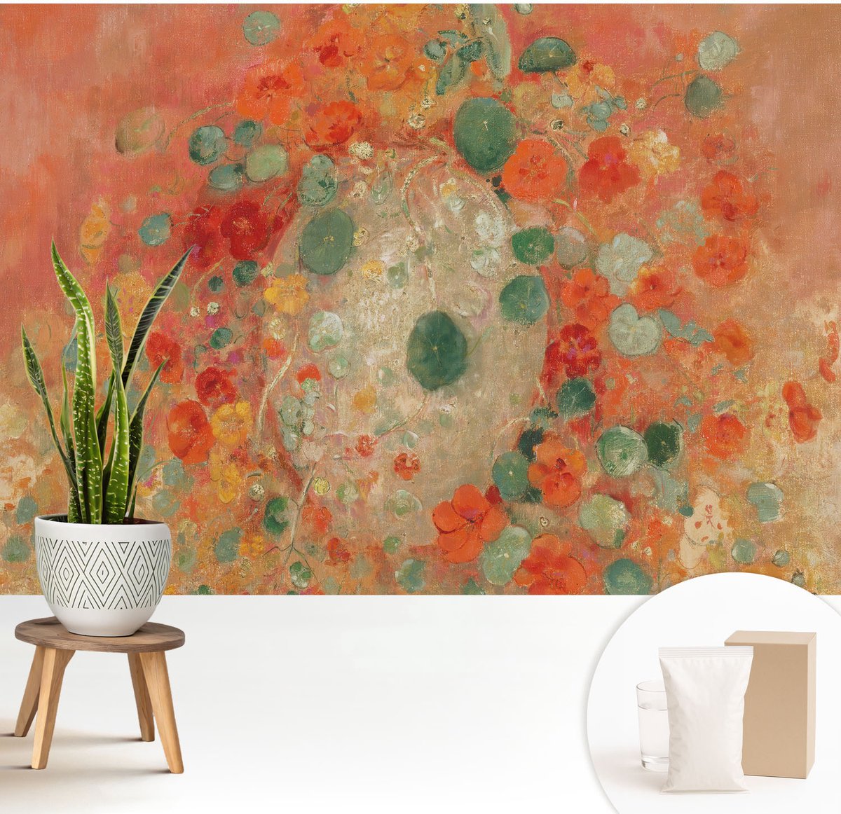Wallfluent Fotobehang - Oranje Vliesbehang - 208x146 cm - Abstracte Bloemen Muurschildering - Gang behang Bloemen En Planten - Fotobehang Vlies - Slaapkamer behang