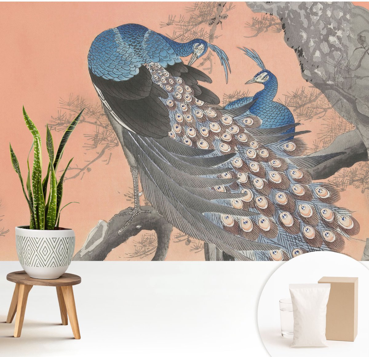 Wallfluent Fotobehang - Oranje Vliesbehang - 208x146 cm - Pauwenelegantie Muurschildering - Gang behang Dieren - Fotobehang Vlies - Slaapkamer behang
