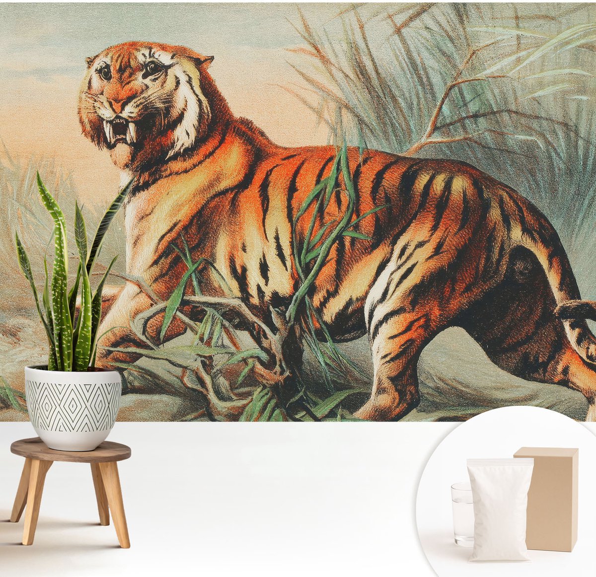 Wallfluent Fotobehang - Oranje Vliesbehang - 208x146 cm - Tijger Natuur Muurschildering - Slaapkamer behang Dieren - Fotobehang Vlies - Gang behang