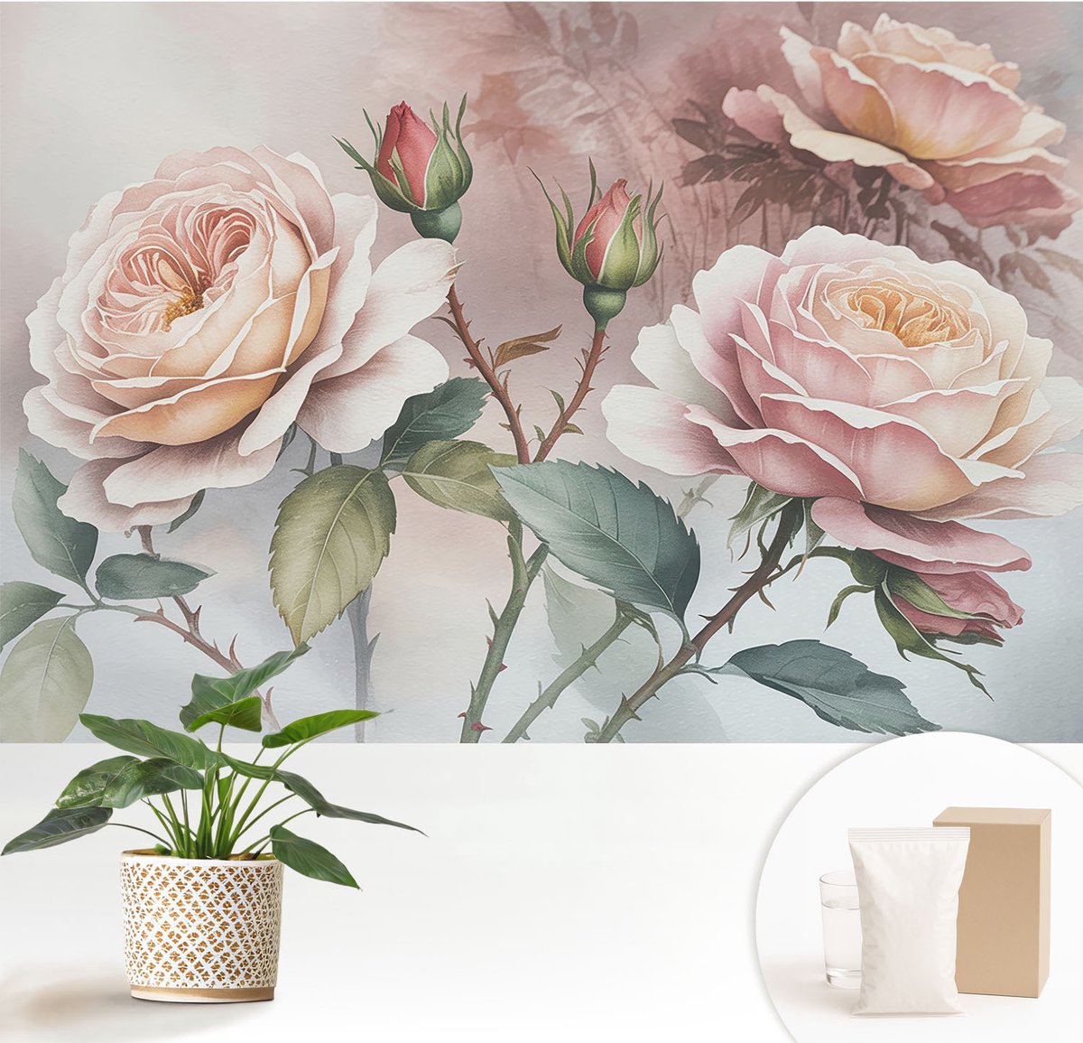Wallfluent Fotobehang - Roze Vliesbehang - 152x104 cm - Pastel Rozen Fotobehang Vlies - Woonkamer behang Bloemen En Planten - Muurschildering - Woonkamer behang