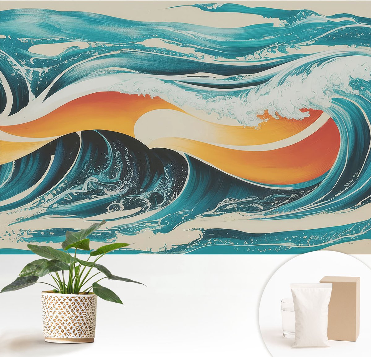 Wallfluent Fotobehang - Turkoois Vliesbehang - 152x104 cm - Abstracte Golven Muurschildering - Gang behang Deel - Fotobehang Vlies - Slaapkamer behang