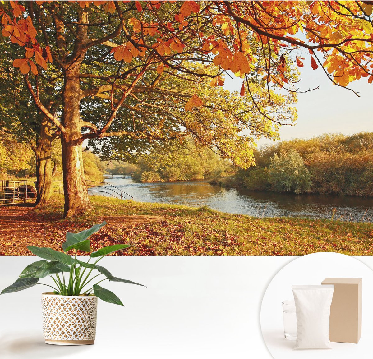 Wallfluent Fotobehang - Geel Vliesbehang - 152x104 cm - Herfst Aan De Kust Muurschildering - Gang behang Landschappen - Fotobehang Vlies - Gang behang