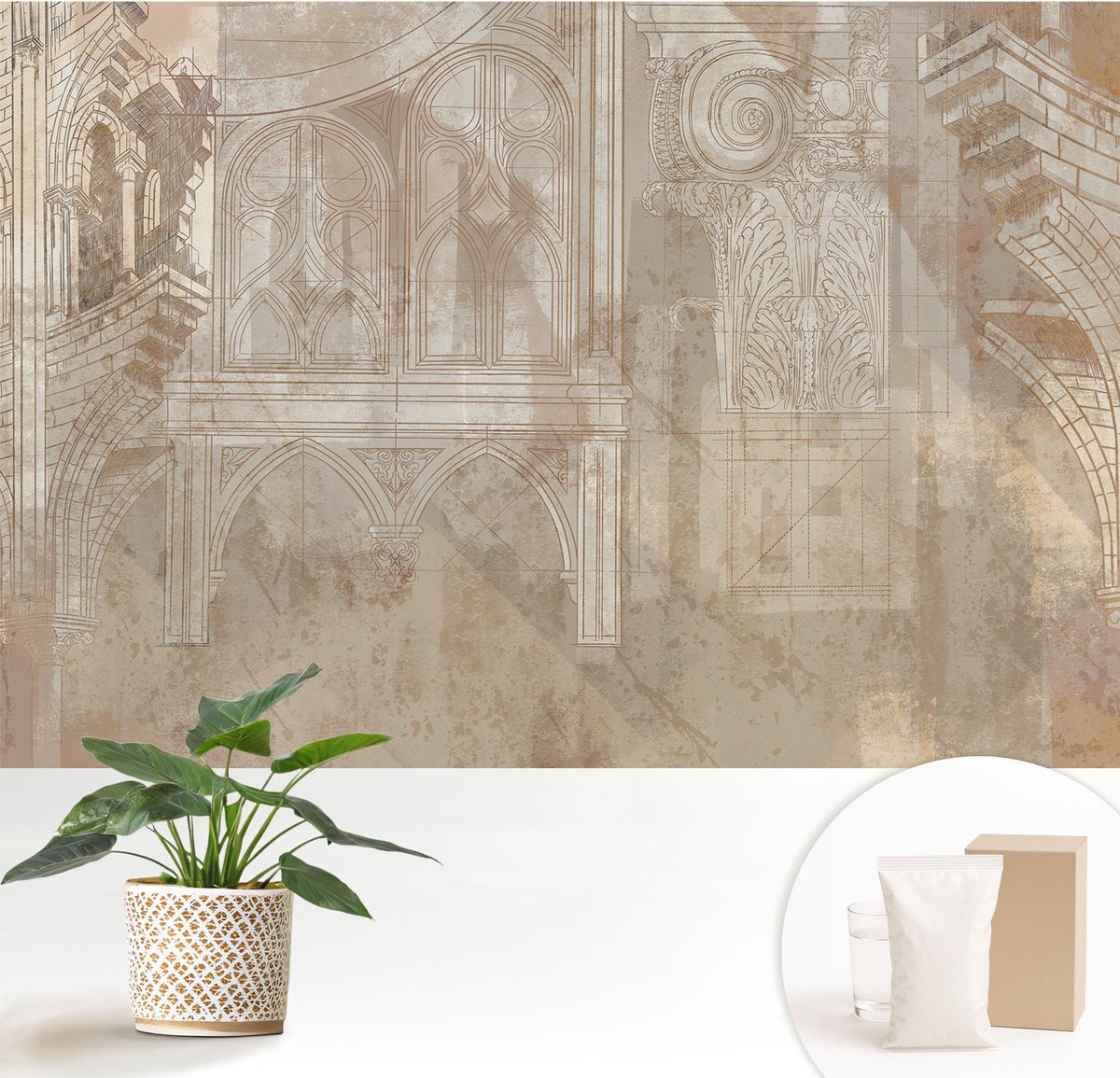 Wallfluent Fotobehang - Wit Vliesbehang - 152x104 cm - Historische Ornamenten Fotobehang Vlies - Hal behang Architectuur - Muurschildering - Woonkamer behang
