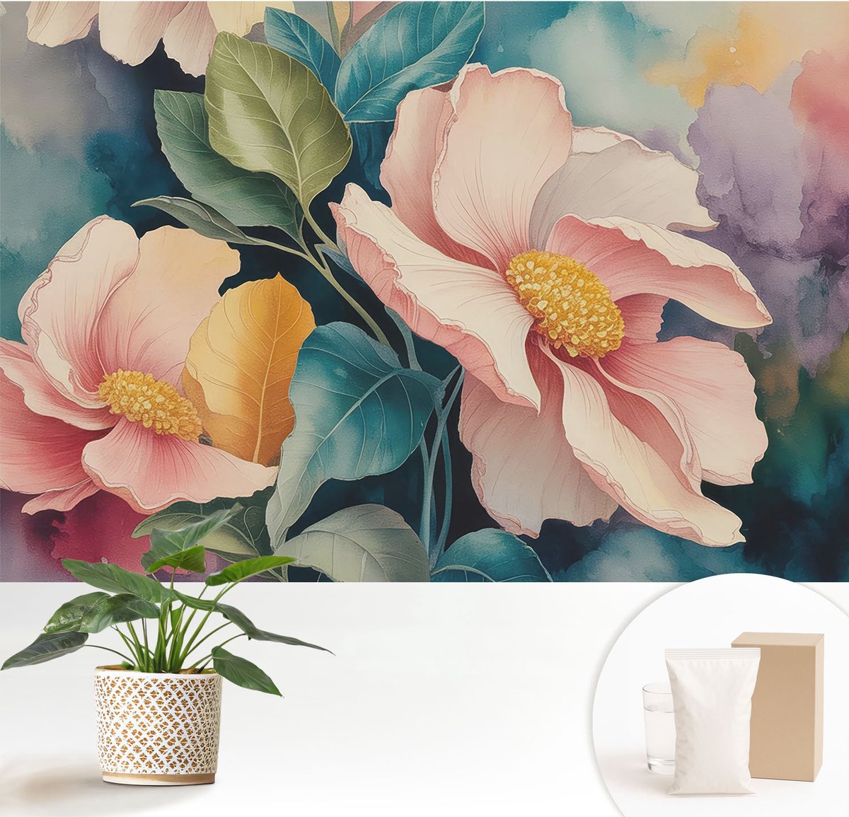 Wallfluent Fotobehang - Roze Vliesbehang - 152x104 cm - Bloemige Elegantie Muurschildering - Gang behang Bloemen En Planten - Fotobehang Vlies - Gang behang