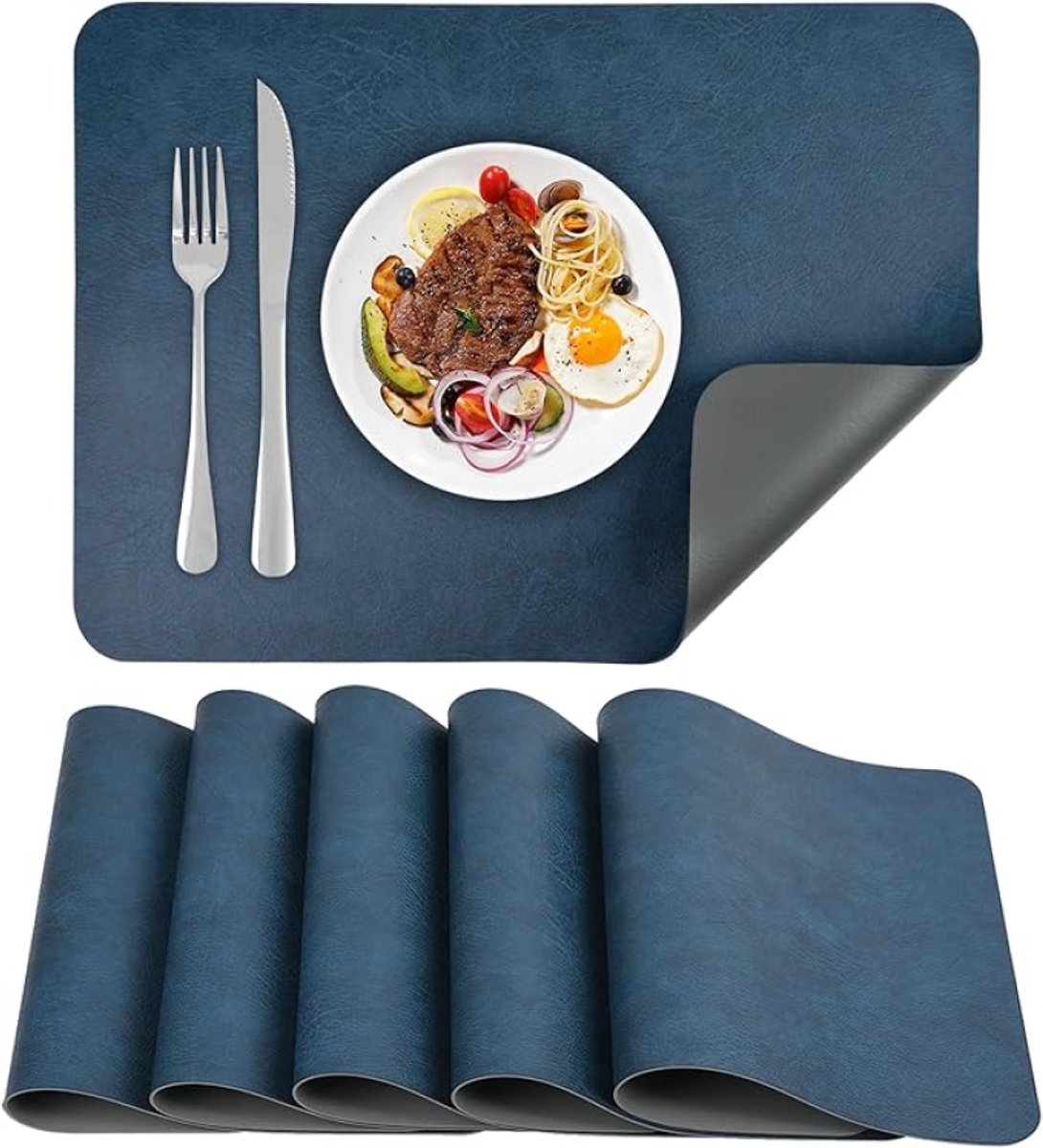 Placemats Wasbare 6-delige Set Hittebestendig Placemat 43 × 30 cm - Blauw Kunstleer Dubbelzijdig