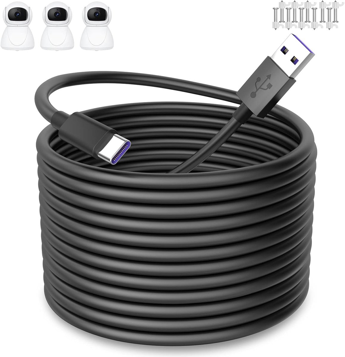SnelShoppen - USB-C Kabel 10m - Type-C Oplaadkabel voor Beveiligingscamera's, Power Extension Kabel voor Buitengebruik, 2K en 1080P Camera's