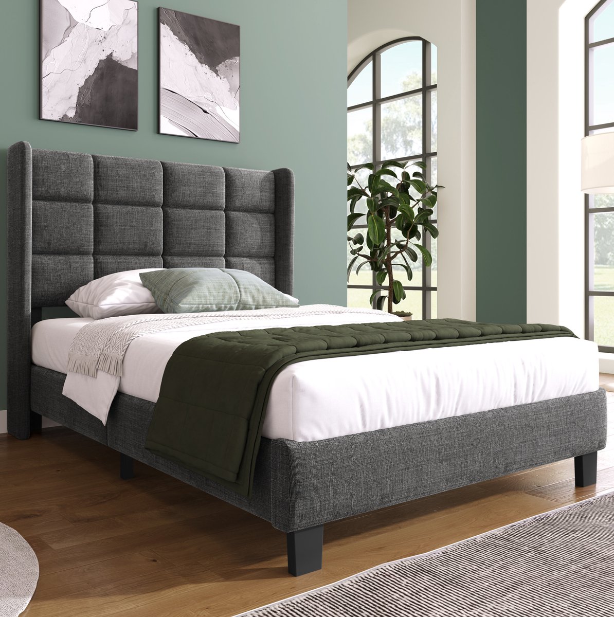 WUVRIE Eenpersoonsbed 90x200 cm met gestoffeerd hoofdbord, lattenbodem en pocketveringmatras, grijs