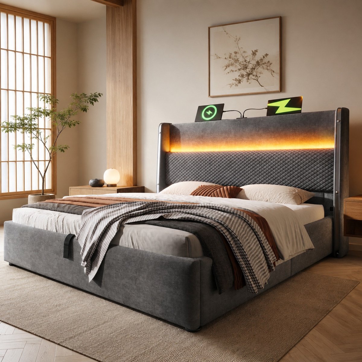 WUVRIE Tweepersoons bedframe 180x200 cm met LED, USB/Type-C en hydraulische opbergruimte, grijs