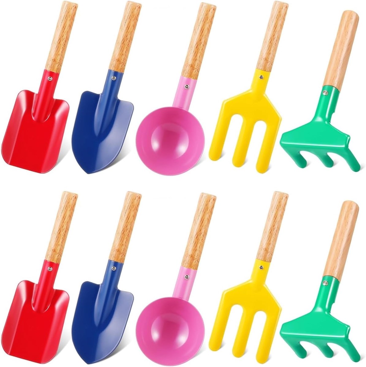 SnelShoppen - 10 stuks tuingereedschap voor kinderen, 20 cm, metalen lepel, vork, troffel met houten handvat, ideaal voor tuin, strand, zomer, graven,