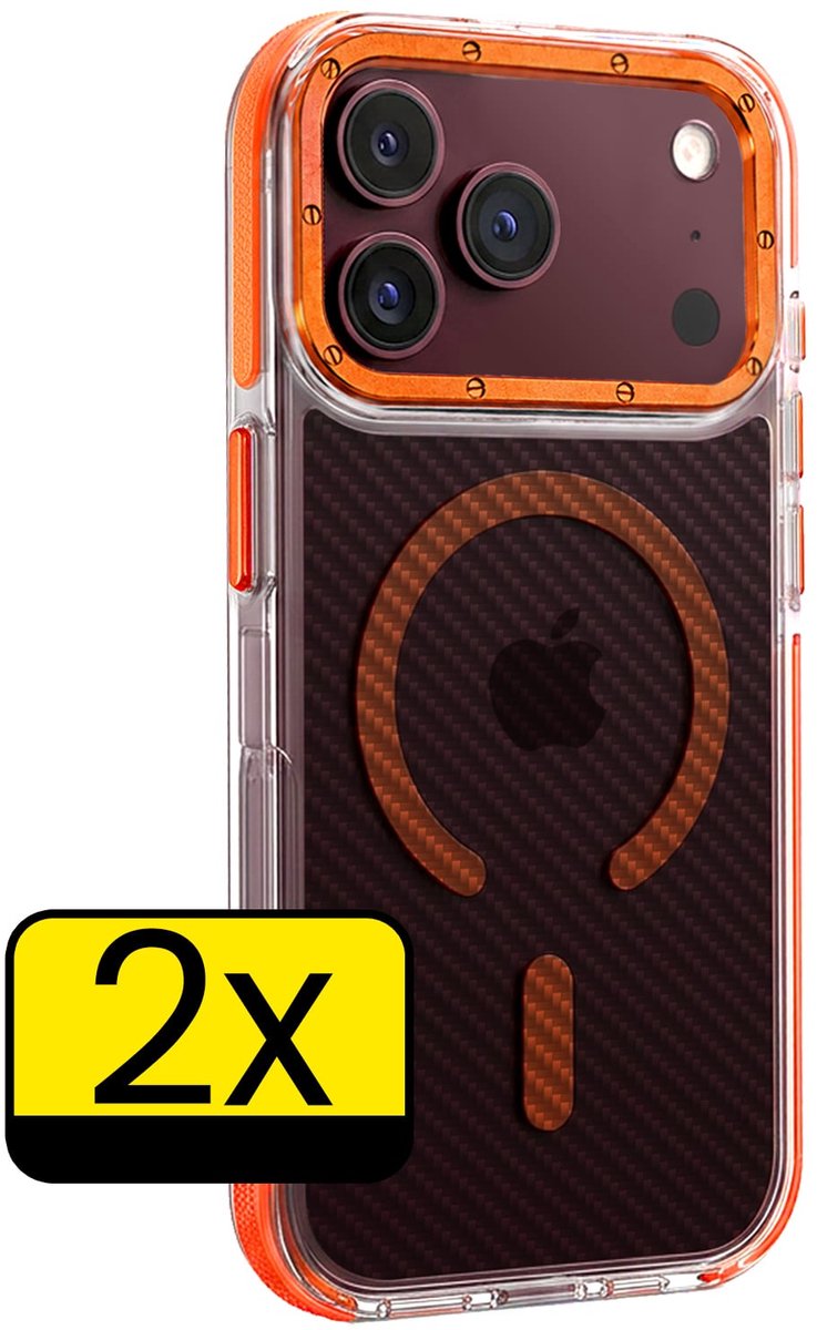Hoesje - 2 Stuks - Geschikt voor Apple iPhone 18 Pro Max - Magsafe Compatible - Carbon Look - Sterk & Shockproof - Back Cover - Shock Proof Case - Telefoon Hoes - Telefoonhoesjes - Oranje