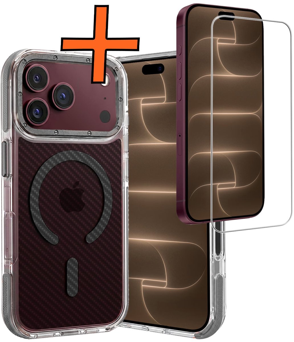 Hoes - Met Screenprotector - Geschikt voor Apple iPhone 18 Pro - Magsafe Compatible - Carbon Look - Sterk & Shockproof - Back Cover - Shock Proof Case - Telefoon Hoes - Grijs