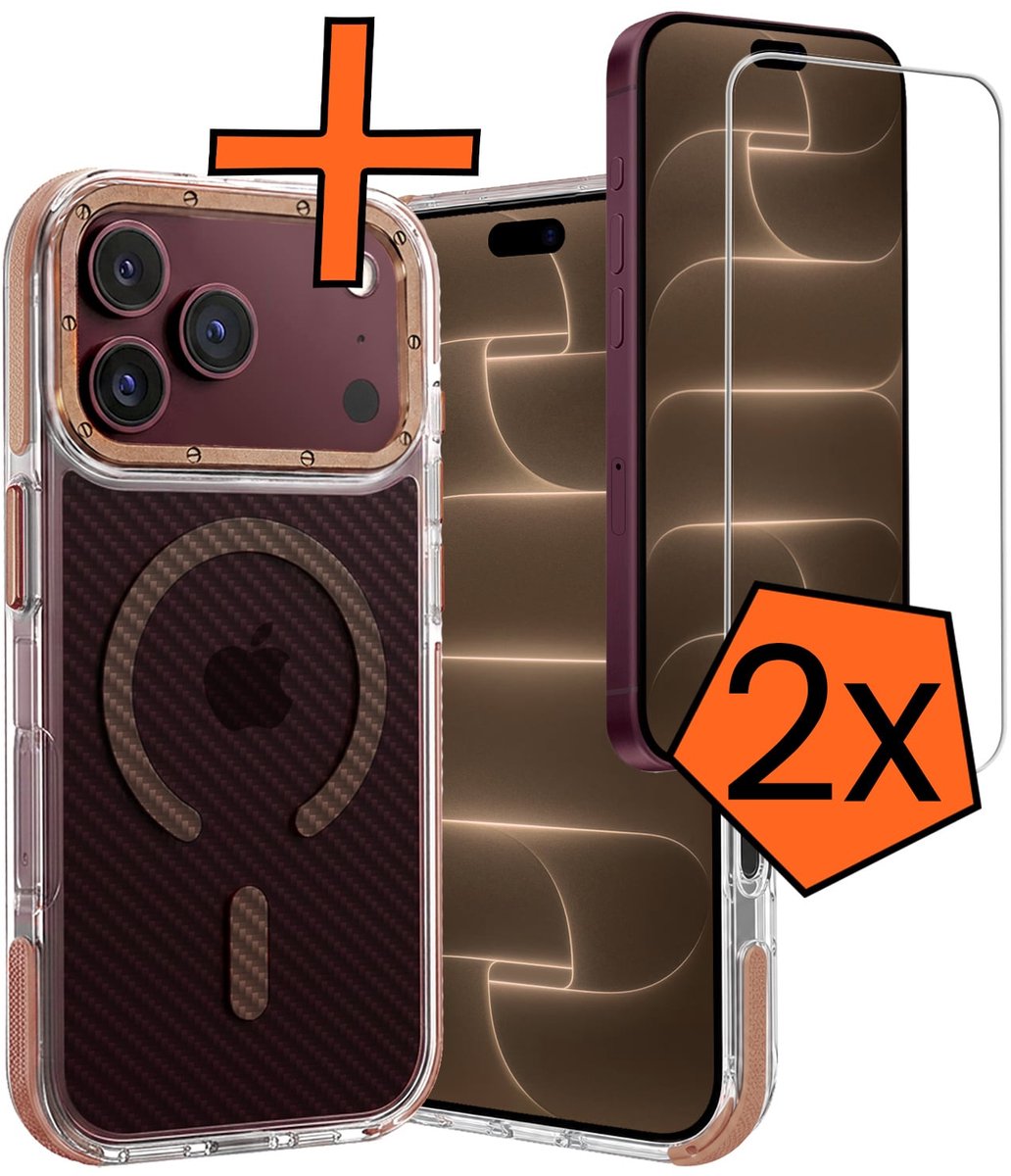 Hoes - Met 2x Screenprotector - Geschikt voor Apple iPhone 18 Pro - Magsafe Compatible - Carbon Look - Sterk & Shockproof - Back Cover - Shock Proof Case - Telefoon Hoes - Bruin