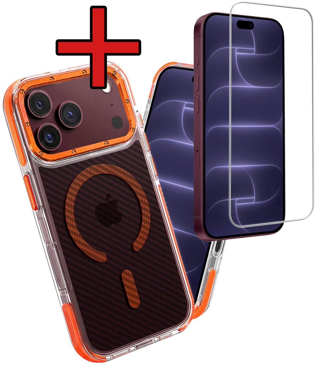 Hoesje - Met Screenprotector - Geschikt voor Apple iPhone 18 Pro - Magsafe Compatible - Carbon Look - Sterk & Shockproof - Shock Proof Case - Back Cover - Telefoon Hoes - Telefoonhoes - Oranje