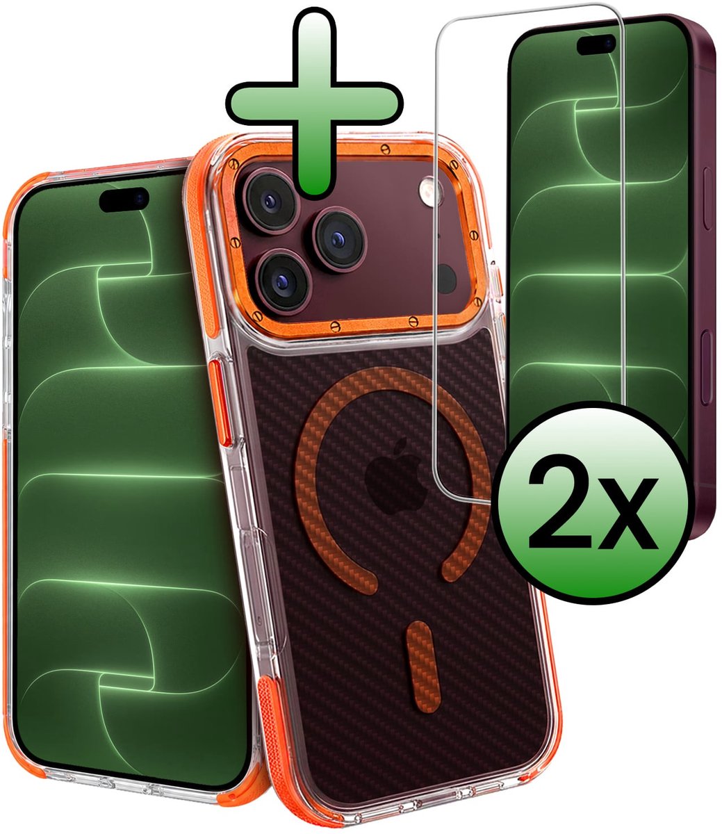 Hoesje Met 2x Screenprotector - Geschikt voor Apple iPhone 18 Pro - Magsafe Compatible - Carbon Look - Sterk & Shockproof - Back Cover - Shock Proof Case - Telefoon Hoes - Oranje