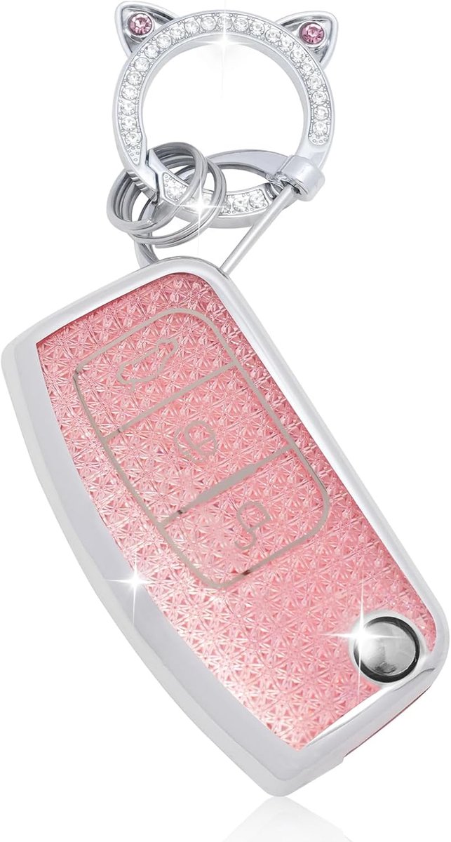 Autosleutelhoes met diamantsleutelhanger, compatibel met Ford Fiesta Focus Puma Mondeo Ecosport Explorer Kuga Ka Tourneo Connect Ranger F150, sleutelcover, flip key