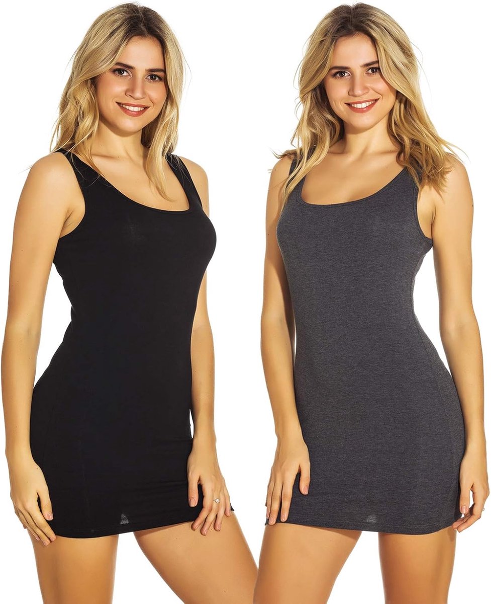 Lange mouwloze tanktop met fijne ribstructuur en stretch voor dames, set van 2