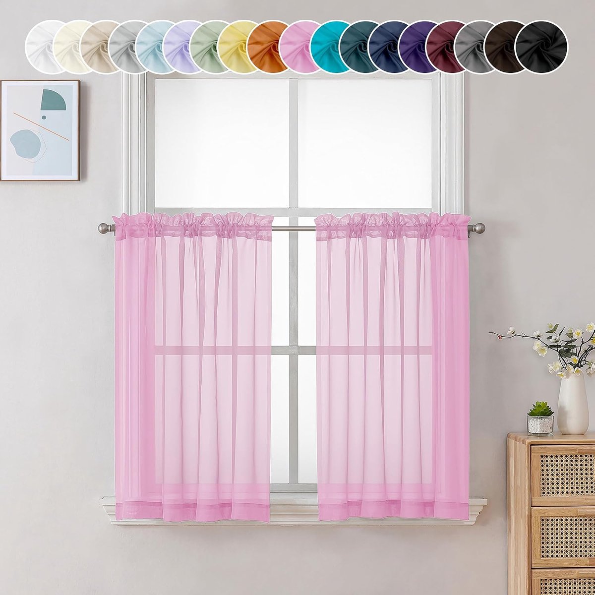 Doorschijnende roze laaggordijnen - 61 cm lengte, kleine raambekleding voor badkamer, woonkamer, kelder - café gordijnen met korte roedezak, 106 cm x 61 cm (106 x 61 l in), 2 panelen