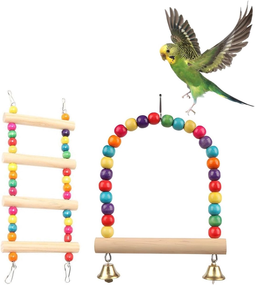 Speelgoed papegaai set 2: ladder hout 4 treden schommel zitstok kauwspel, klimmen natuurlijke materialen voor gezondheid snavel en plezier vogels