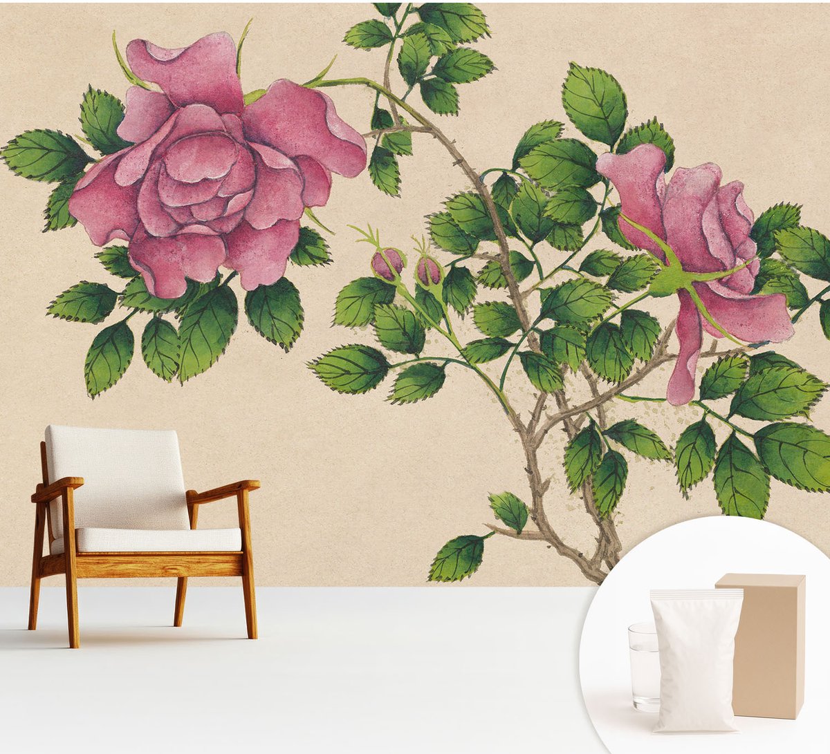 Wallfluent Fotobehang - Beige Vliesbehang - 312x219 cm - Romantische Rozen Fotobehang Vlies - Hal behang Bloemen En Planten - Muurschildering - Woonkamer behang