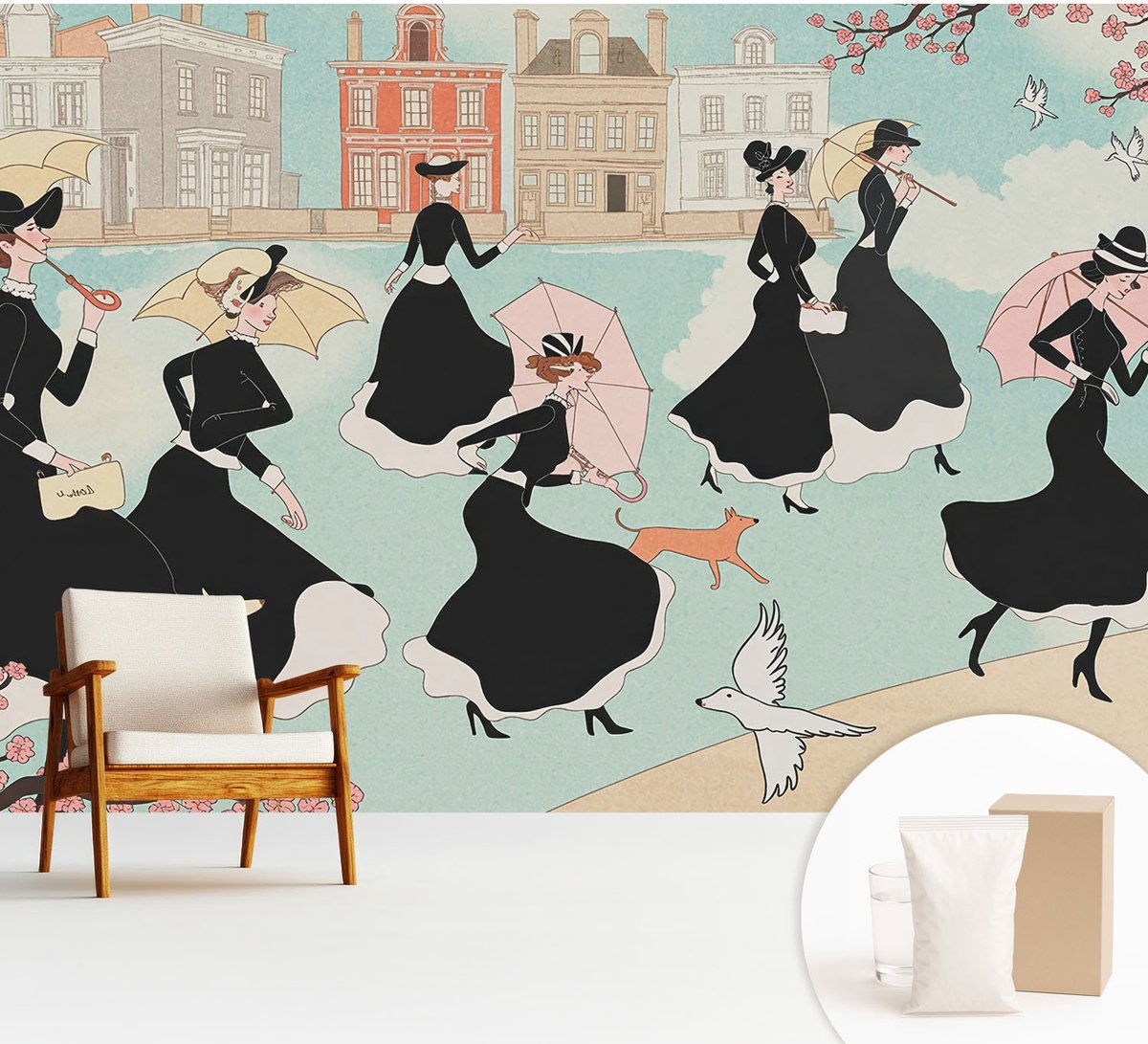 Wallfluent Fotobehang - Zwart Vliesbehang - 312x219 cm - Vrouwen Die Lopen Fotobehang Vlies - Woonkamer behang Mensen - Muurschildering - Hal behang