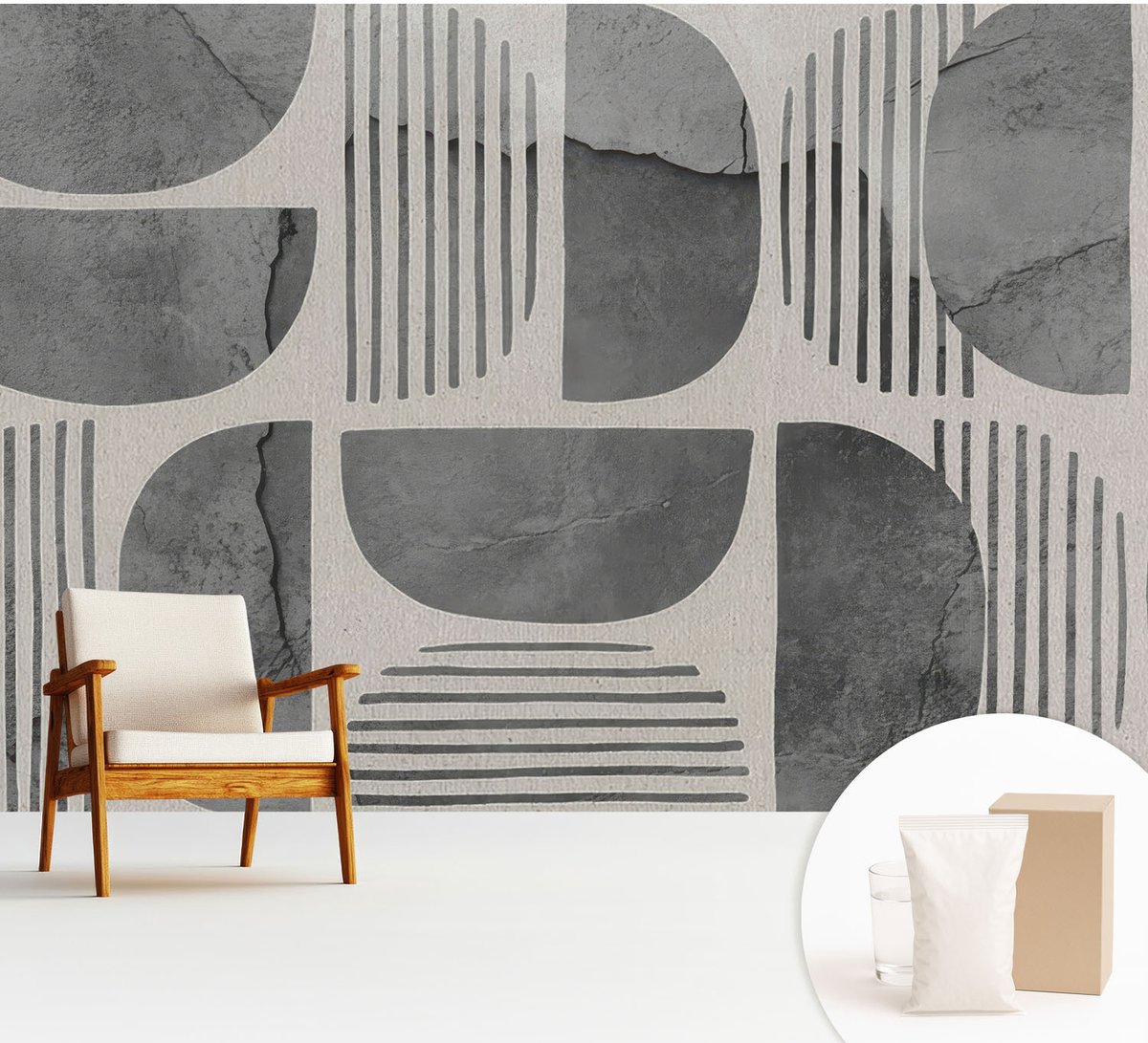 Wallfluent Fotobehang - Grijs Vliesbehang - 312x219 cm - Geometrische Vormen Muurschildering - Gang behang Abstractie - Fotobehang Vlies - Slaapkamer behang
