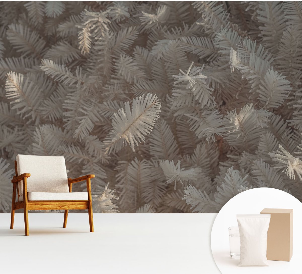 Wallfluent Fotobehang - Wit Vliesbehang - 312x219 cm - Bevroren Takjes Fotobehang Vlies - Hal behang Bloemen En Planten - Muurschildering - Woonkamer behang
