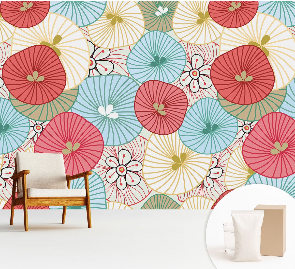 Wallfluent Fotobehang - Rood Vliesbehang - 312x219 cm - Bloemenpatroon Muurschildering - Gang behang Achtergronden En Patronen - Fotobehang Vlies - Slaapkamer behang