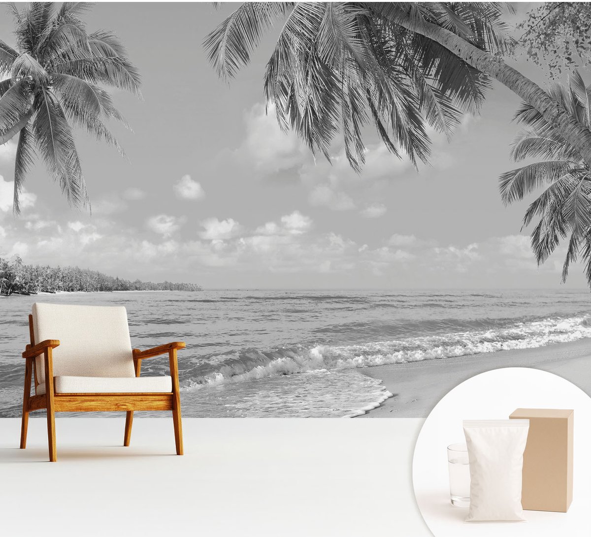 Wallfluent Fotobehang - Zwart-Wit Vliesbehang - 312x219 cm - Tropisch Paradijs Muurschildering - Slaapkamer behang Landschappen - Fotobehang Vlies - Slaapkamer behang