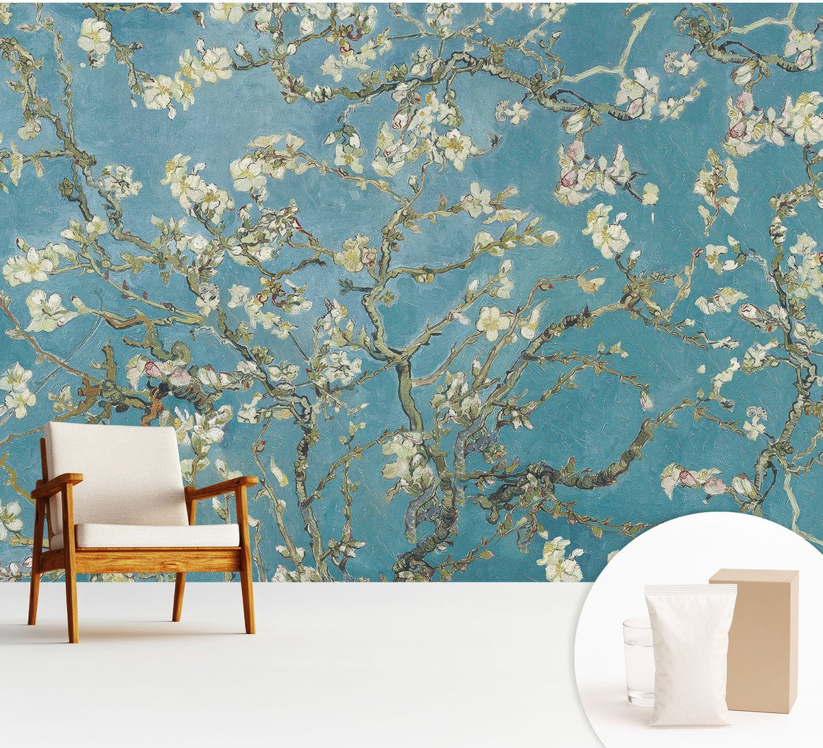 Wallfluent Fotobehang - Blauw Vliesbehang - 312x219 cm - Bloeiende Takken Fotobehang Vlies - Woonkamer behang Bloemen En Planten - Muurschildering - Woonkamer behang