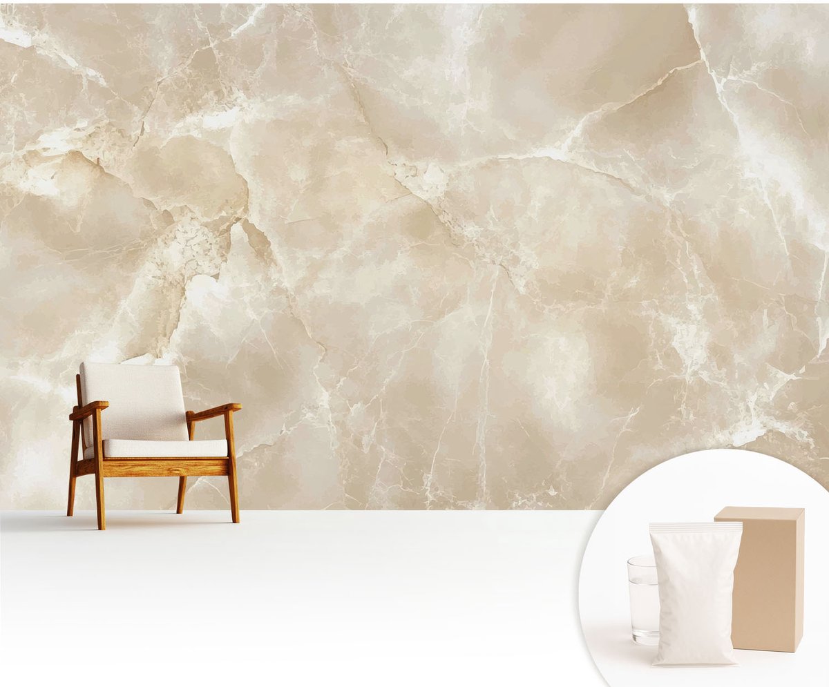 Wallfluent Fotobehang - Beige Vliesbehang - 416x254 cm - Natuursteen Fotobehang Vlies - Hal behang Texturen - Muurschildering - Woonkamer behang