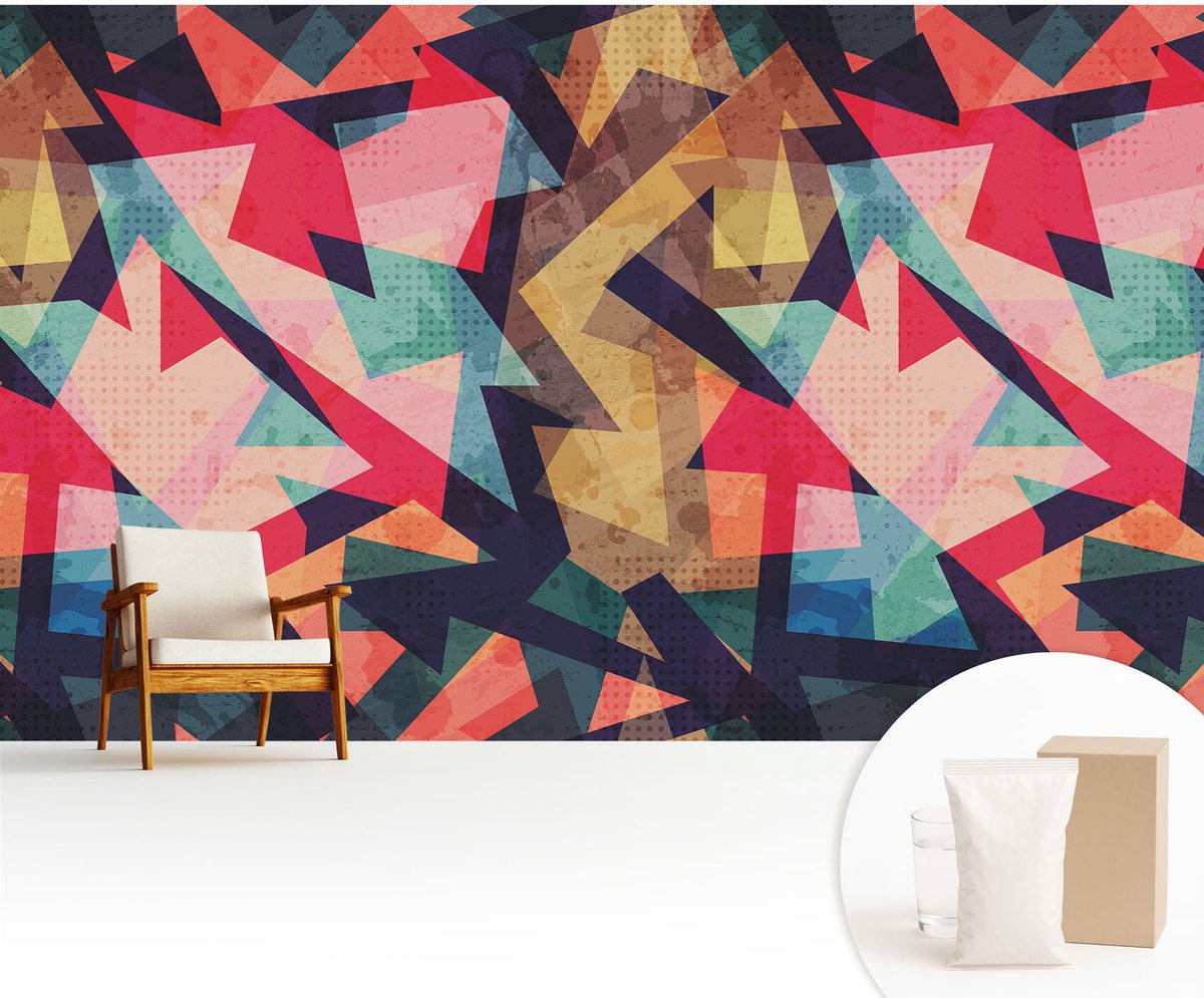 Wallfluent Fotobehang - Rood Vliesbehang - 416x254 cm - Kleurrijk Patroon Fotobehang Vlies - Hal behang Abstractie - Muurschildering - Woonkamer behang